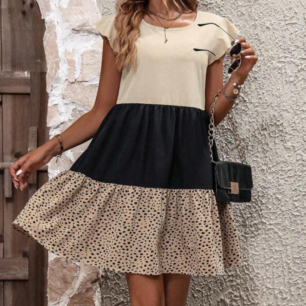 SHEIN Beige and Black Colorblock Midi Dress